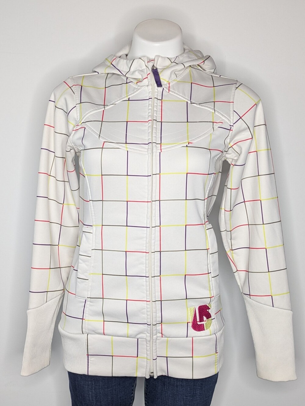 Burton Dry Ride White Pink Geometric Square Zip Up Hoodie Ski Snowboard Jacket M